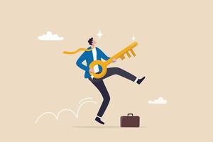 éxito clave para el desarrollo empresarial o profesional, liderazgo y solución, motivación para lograr el objetivo o el concepto de mejora, hombre de negocios de éxito feliz sosteniendo la llave dorada como guitarra bailando con libertad. vector