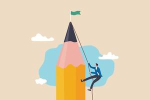 Creative challenge to reach goal and win business, idea, motivation and inspiration to achieve target concept, young creative man climbing pencil mountain to reach winning flag at the peak. vector