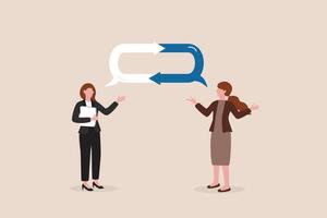 escuche los comentarios del equipo para mejorar la calidad del trabajo, la habilidad de comunicación o la relación con el cliente, haga y responda preguntas sobre el concepto de desarrollo de ideas, las mujeres de negocios alegres comparten comentarios para mejorar vector