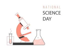 National Science Day poster with Microscope, flask and test tube. vector