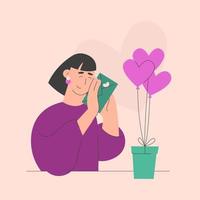 Happy Woman with a giftbox, heart shaped balloons and a letter vector