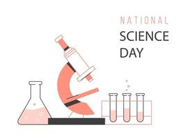 National Science Day poster with Microscope, flask and test tube. vector