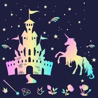 conjunto de castillo mágico, unicornio, varita mágica, flores y estrellas brillantes. los elementos están separados del fondo.