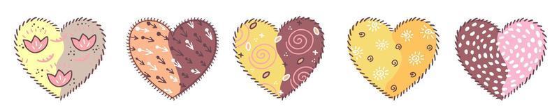 Set of hand drawn colored cute hearts, which are decorated with a pattern and stitches. vector