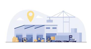 Warehouse industry with storage buildings, forklift, truck and rack with boxes. vector