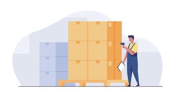 MobileWarehouse worker checking goods pallet on a robot with barcode scanner. vector