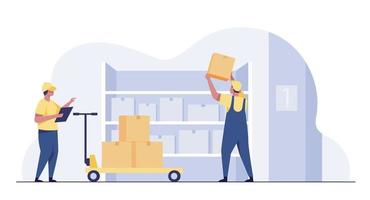 Warehouse worker checking boxes. Distribution and Delivery Storage concept. vector