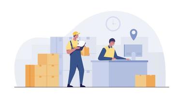 warehouse workers check the stock of goods to be sent to the customer. Warehouse worker checking boxes. Distribution and Delivery Storage concept. vector