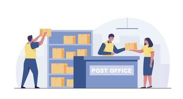 Post delivery office. Postmen, courier with truck and people with boxes and letters in post reception, order receiving or parcel. vector