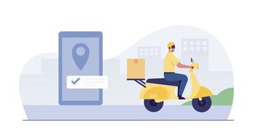 Fast delivery by scooter on mobile smartphone. E-commerce concept. vector