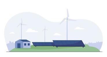 Alternative Clean Energy Concept with Wind Turbines and Solar Panels. Vector illustration
