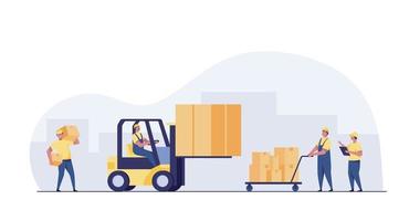 Warehouse Workers Loading, Stacking Goods with Electric Hand Lifters and Forklift Truck.