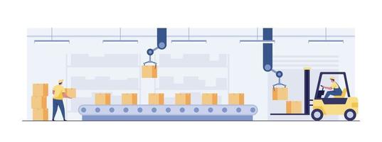 Automated sorting and product control, warehouse, conveyors, industrial robots. vector illustration