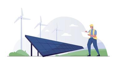 Alternative Clean Energy Concept with Wind Turbines and Solar Panels. Vector illustration