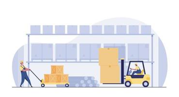 Industrial warehouse interior with goods and pallet trucks, storage and logistics concept. vector