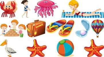 Set of summer beach objects and cartoon characters vector