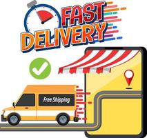 Fast delivery wordmark with panel van and smartphone vector