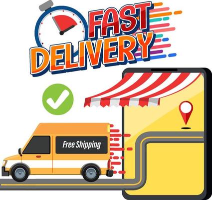 Fast delivery wordmark with panel van and smartphone