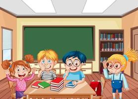 School classroom scene with happy students cartoon character vector