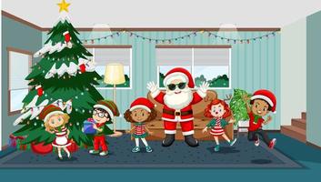 Children celebrating Christmas with Santa Claus at home vector