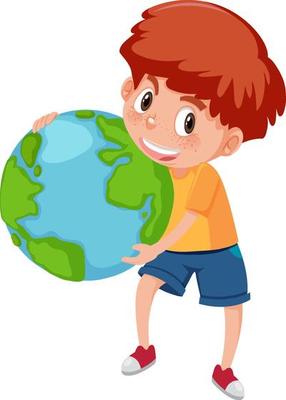 A boy holding earth globe in cartoon style