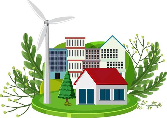 Save planet concept with house building and wind turbine