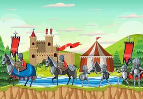 escena del campamento del ejército medieval con caballeros en estilo de dibujos animados vector