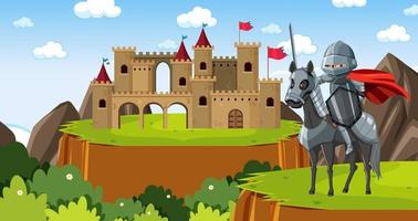 Medieval outdoor scene with armoured knight on horseback vector