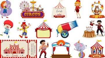 conjunto de personajes de circo y elementos del parque de atracciones. vector