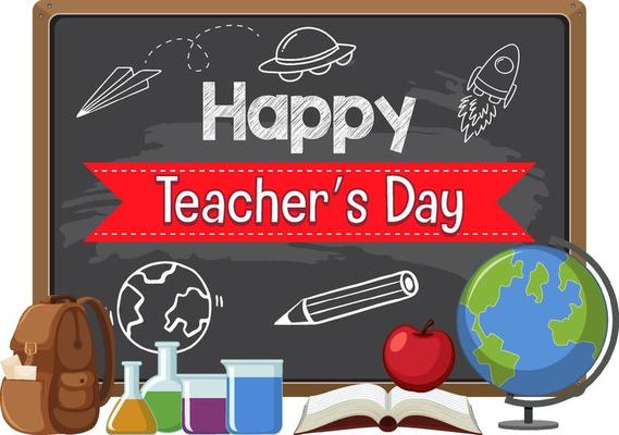 Happy Teacher's Day with a female teacher pointing on chalkboard