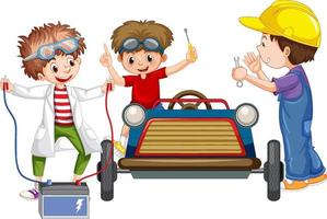 Children repairing a car together vector