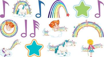 Set of fantasy fairies and cupids with rainbow elements vector