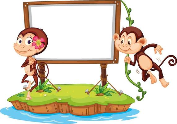 Cute monkeys with blank board on white background