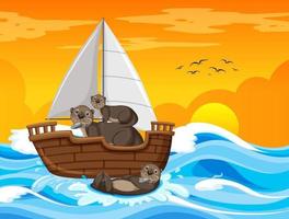 Ocean scene with otters on a sailboat vector