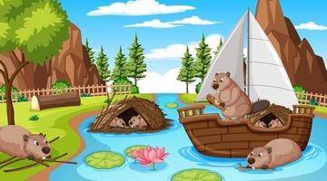 River forest scene with otters and sailboat vector