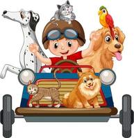 un niño conduciendo un coche de juguete con sus perros al estilo de las caricaturas vector