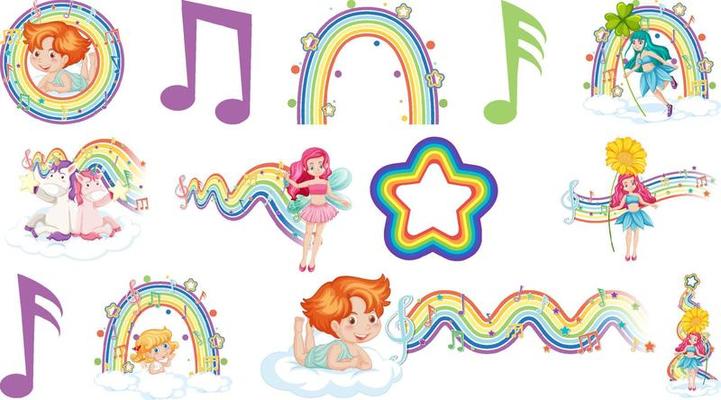 Set of fantasy fairies and cupids with rainbow elements