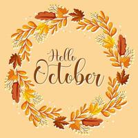 Hello October with ornate of autumn leaves frame vector