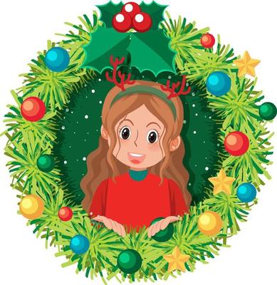 Christmas wreath border with a cute girl