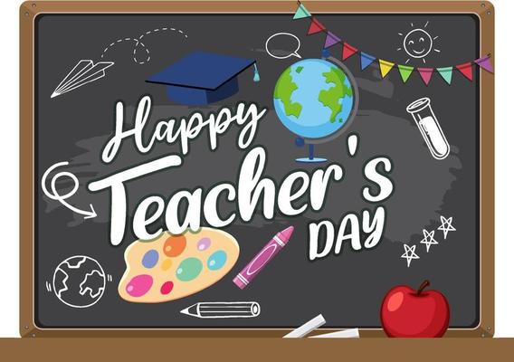 Happy Teacher's Day with a female teacher pointing on chalkboard