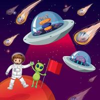 An astronaut in space with alien in ufo vector