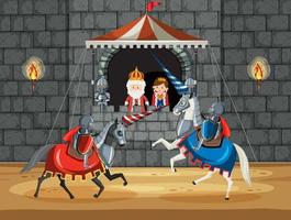 Two medieval knights fighting together vector