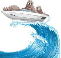 Seals on speed boat in cartoon style vector