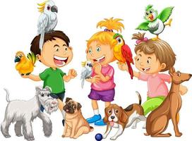 niños felices con sus mascotas vector