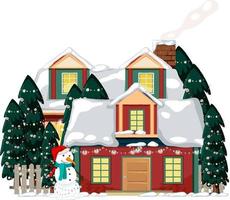 Snow covered house with a snowman and trees vector