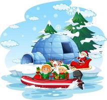 Santa Claus and elfs delivering gifts by boat vector