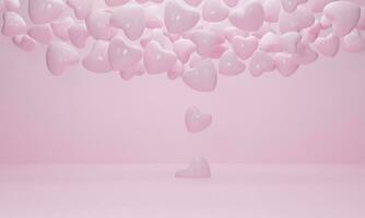 Pink balloons heart flying out of the floor at pink interior room background. Minimal concept. 3d rendering photo