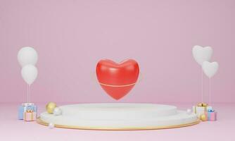 Valentine's Day, Red hearts symbol on podium or product stand with of gift box and balloon on pastel pink background. 3d rendering. photo