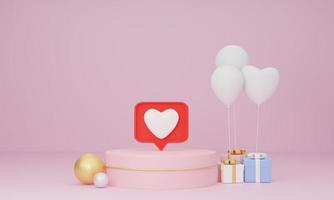 3d rendering, social media notification like heart icon in speech bubble pin on podium with gift box and balloon on pink background. photo