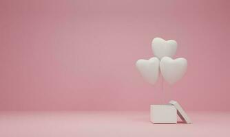 3d rendering. Open gift box with balloon heart on pastel pink background. Minimal concept. photo